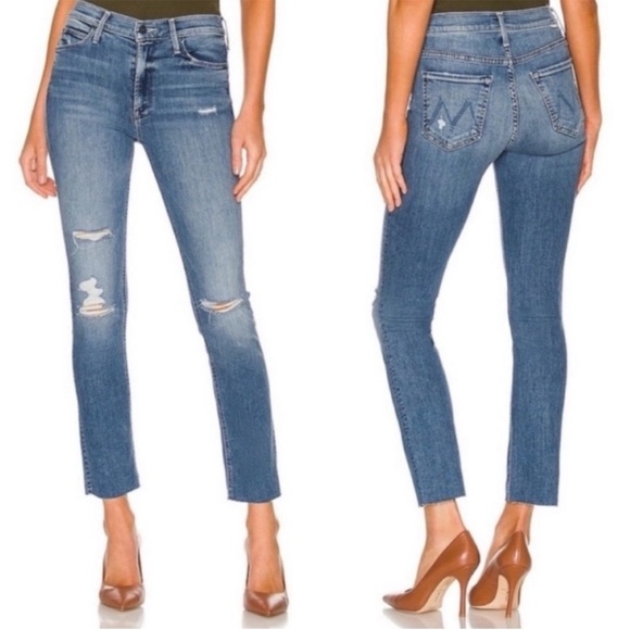 MOTHER Mid Rise Dazzler Ankle Fray Jeans Weekend Kitten Light Wash Distressed 34
